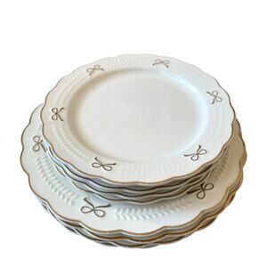 Set of 8 Yedi GOLD BOW Ceramic Dinner | Salad Plates Holiday Glam White New